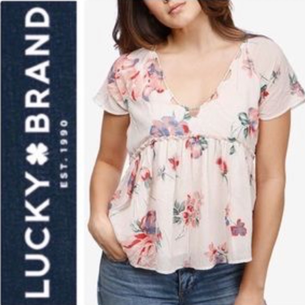 Lucky Brand Women's Floral Blouse - White and Pink